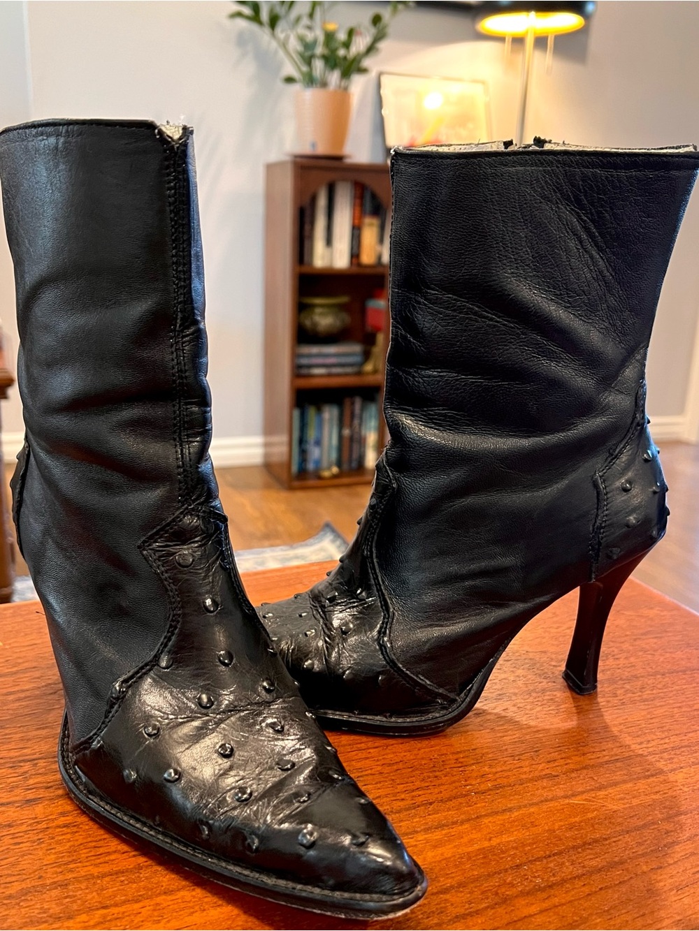 Black Ostrich Leather Exotic Pointed-Toe Mid-Calf Stiletto High Heel Boots 7
